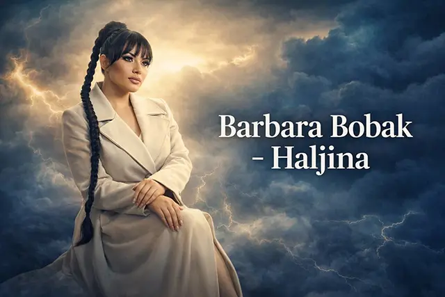 Barbara Bobak Haljina cover thumbnail – pevačica u modernom kaputu, dramatično nebo i munje, profesionalni YouTube thumbnail dizajn