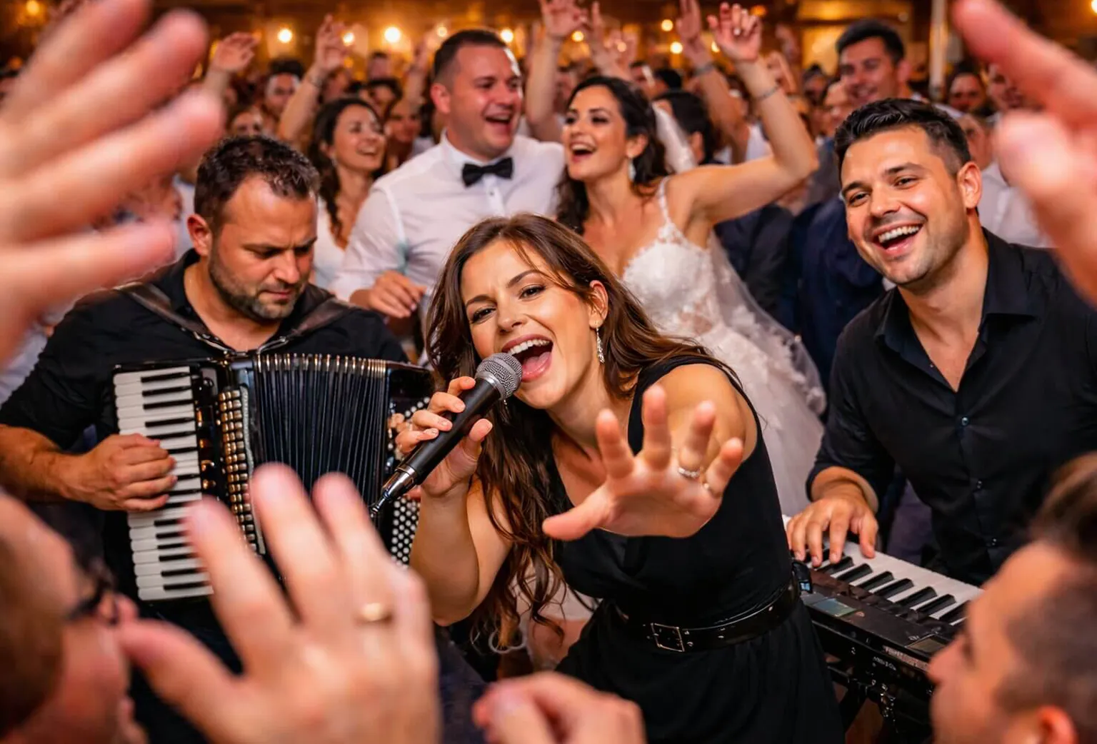 Bendovi za svadbe do 1000 evra – energičan nastup benda na svadbi, pevačica, harmonikaš i klavijaturista među gostima na plesnom podijumu