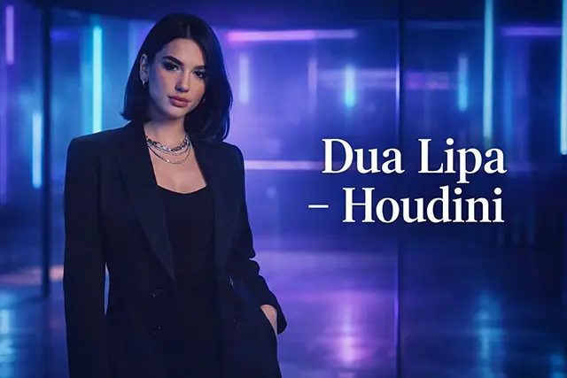 Dua Lipa Houdini cover thumbnail – elegantna pevačica u crnom sakou, neon studio pozadina, profesionalni YouTube thumbnail dizajn