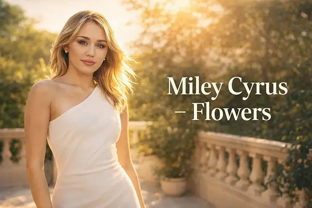 Miley Cyrus Flowers cover thumbnail – pevačica u beloj haljini, sunčano okruženje, elegantan YouTube cover dizajn