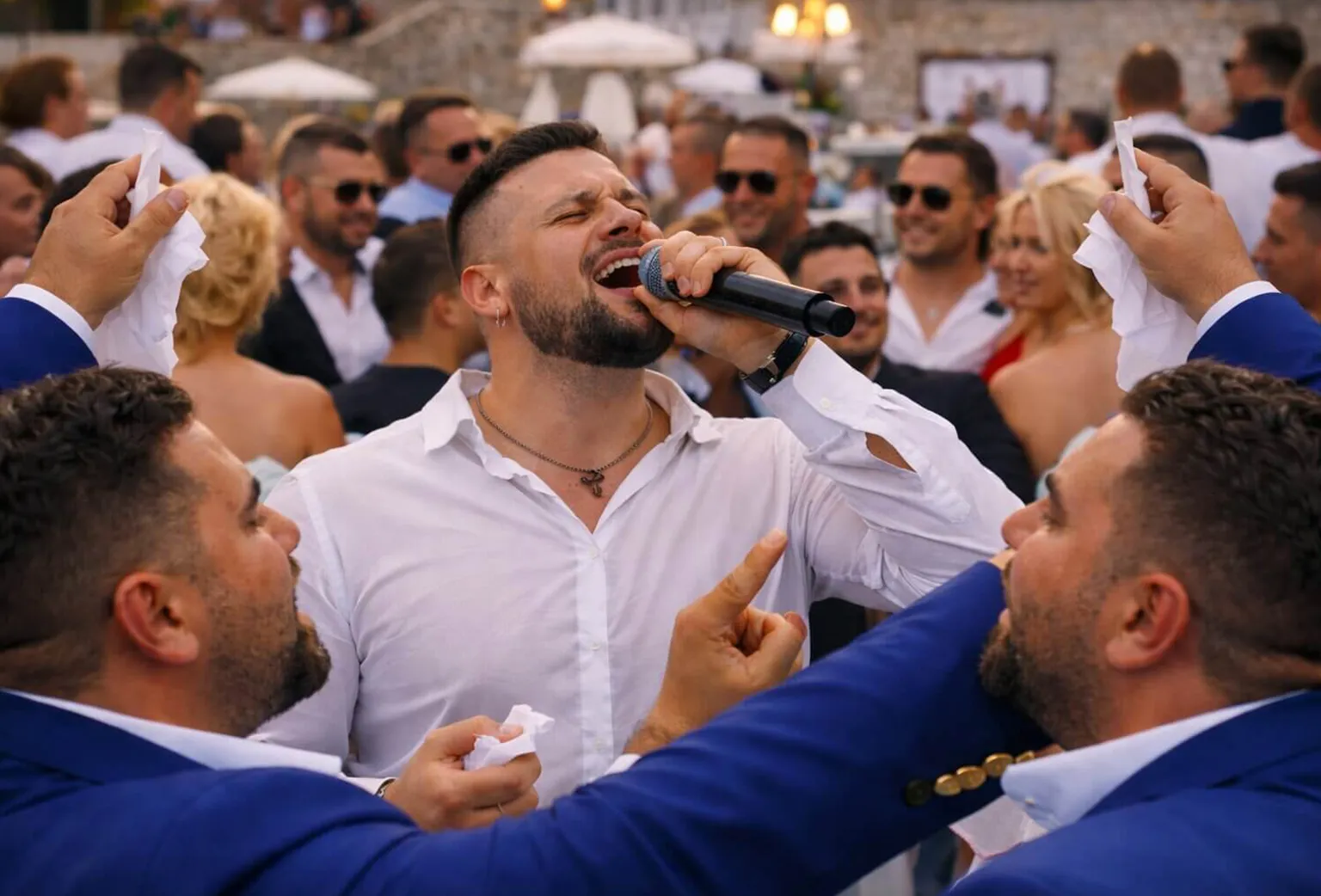 Atmosfera na svadbi uz pevača koji izvodi moderne pesme za svadbu dok gosti pevaju zajedno
