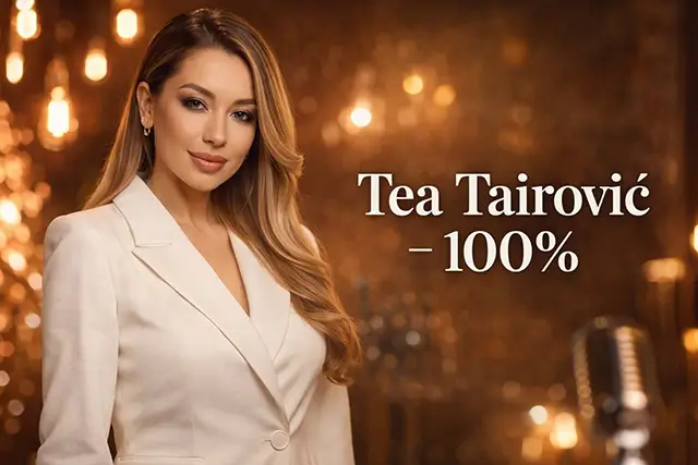 Tea Tairović 100% YouTube thumbnail – pevačica u elegantnom belom sakou sa toplim zlatnim osvetljenjem i studijskom pozadinom
