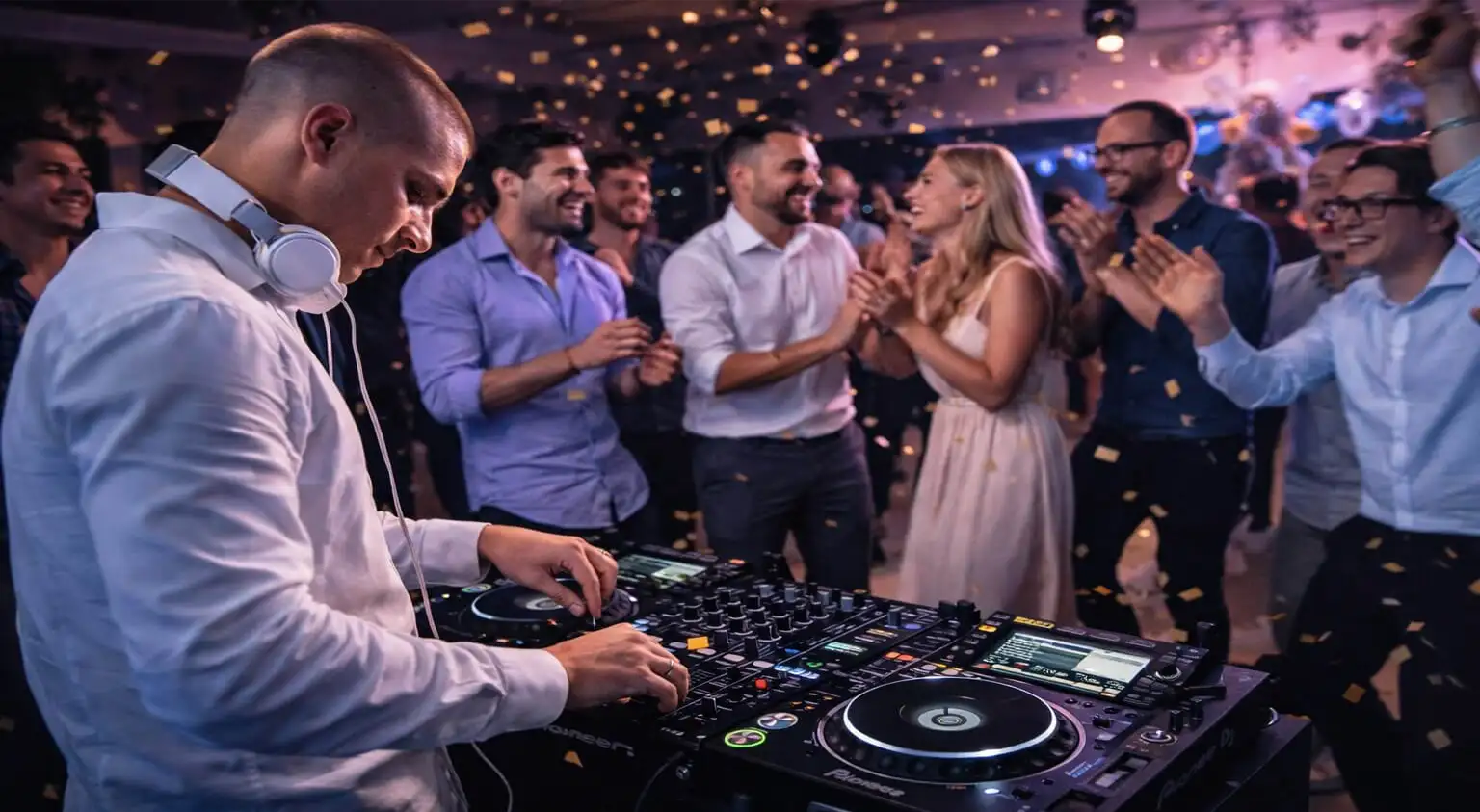 DJ za proslave pušta muziku na profesionalnoj opremi tokom svadbe, ispred punog plesnog podijuma sa gostima koji igraju u svečanoj sali