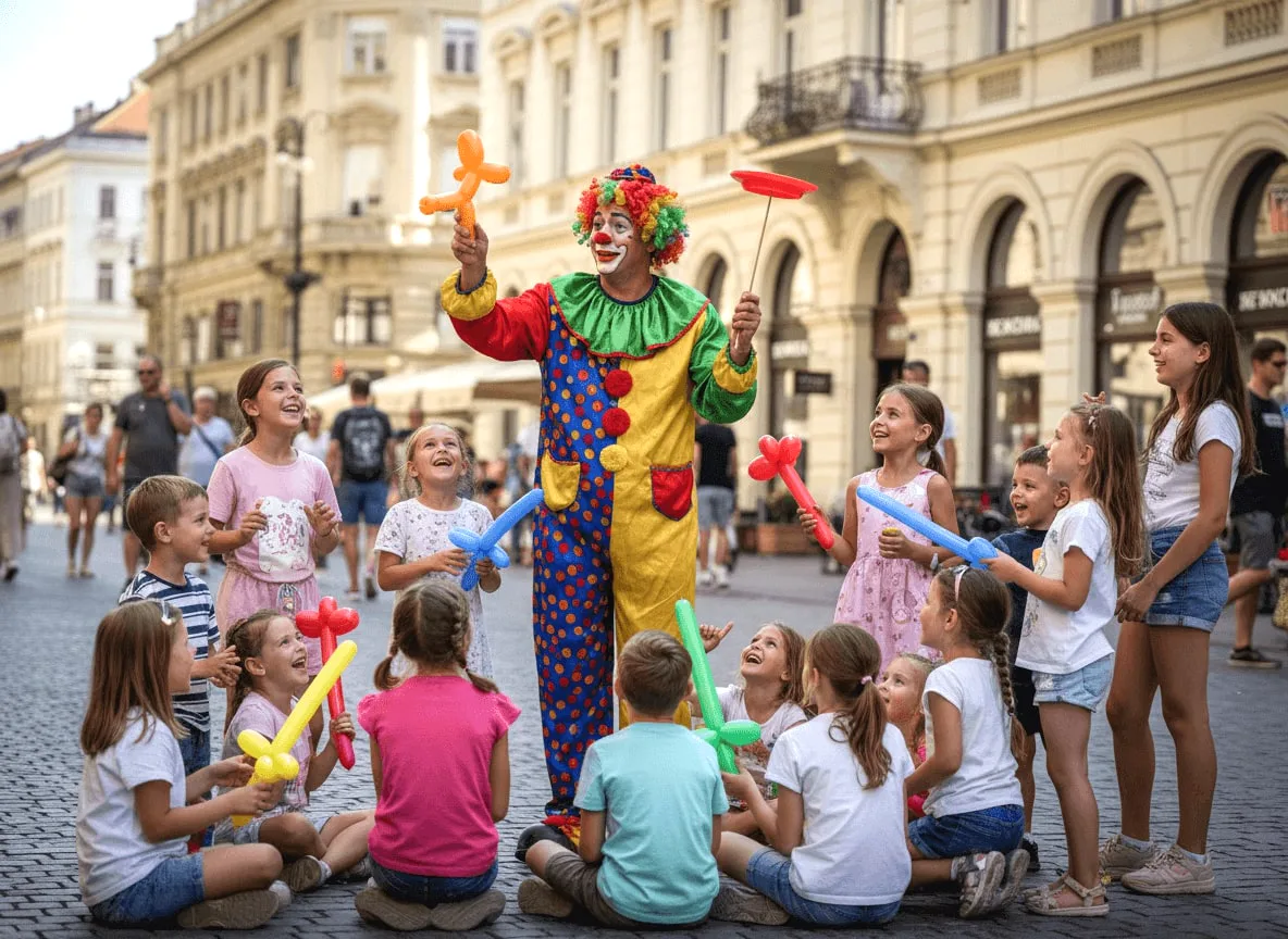 Klovnovi za decu koji zabavljaju veliku grupu mališana balonima i trikovima na ulici