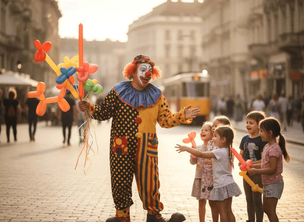 Klovn u šarenom kostimu na ulici drži balone u obliku životinja, dok grupa nasmejane dece stoji ispred njega i veselo pruža ruke ka balonima. u pozadini se vidi žuti tramvaj