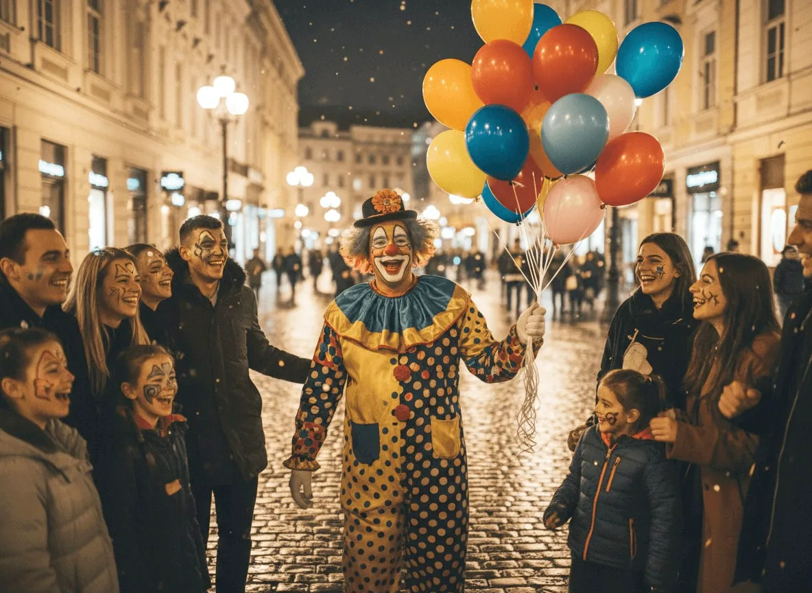 Klovn u šarenom kostimu stoji na osvetljenoj gradskoj ulici noću, držeći buket raznobojnih balona, dok oko njega stoje nasmejana deca i odrasli sa oslikanim licima.