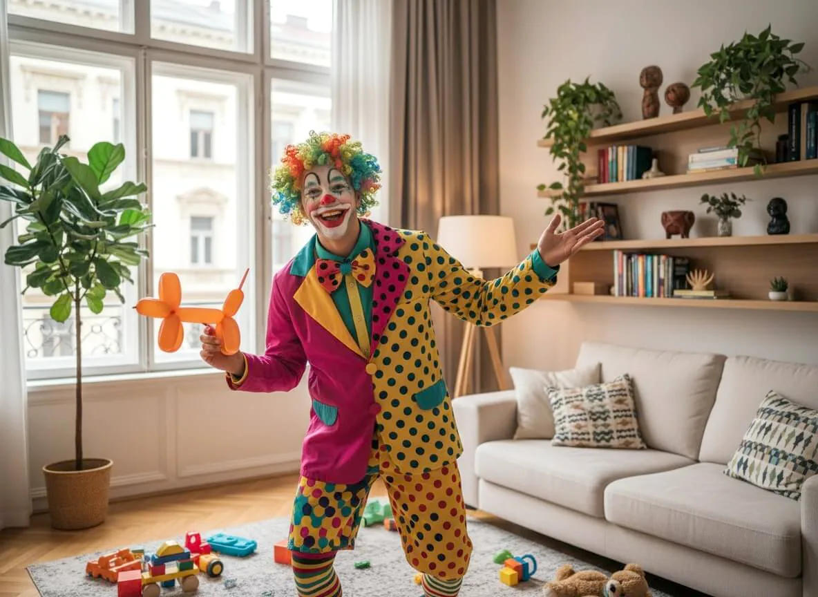 Klovn u šarenom kostimu u stanu drži balon u obliku psa, okružen igračkama na podu