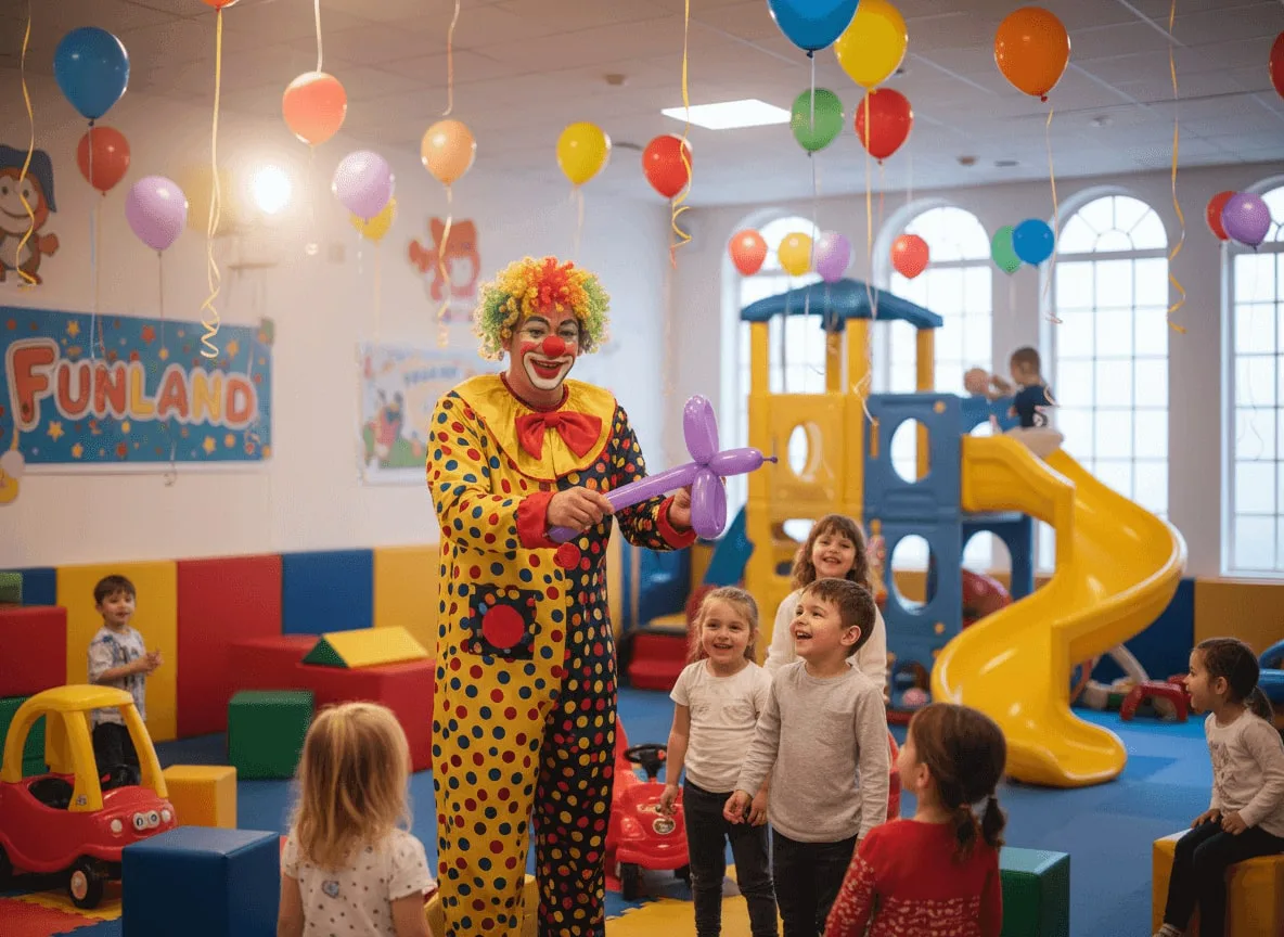 Klovnovi za decu u igraonici dok klovn pravi balone i zabavlja nasmejanu grupu mališana.