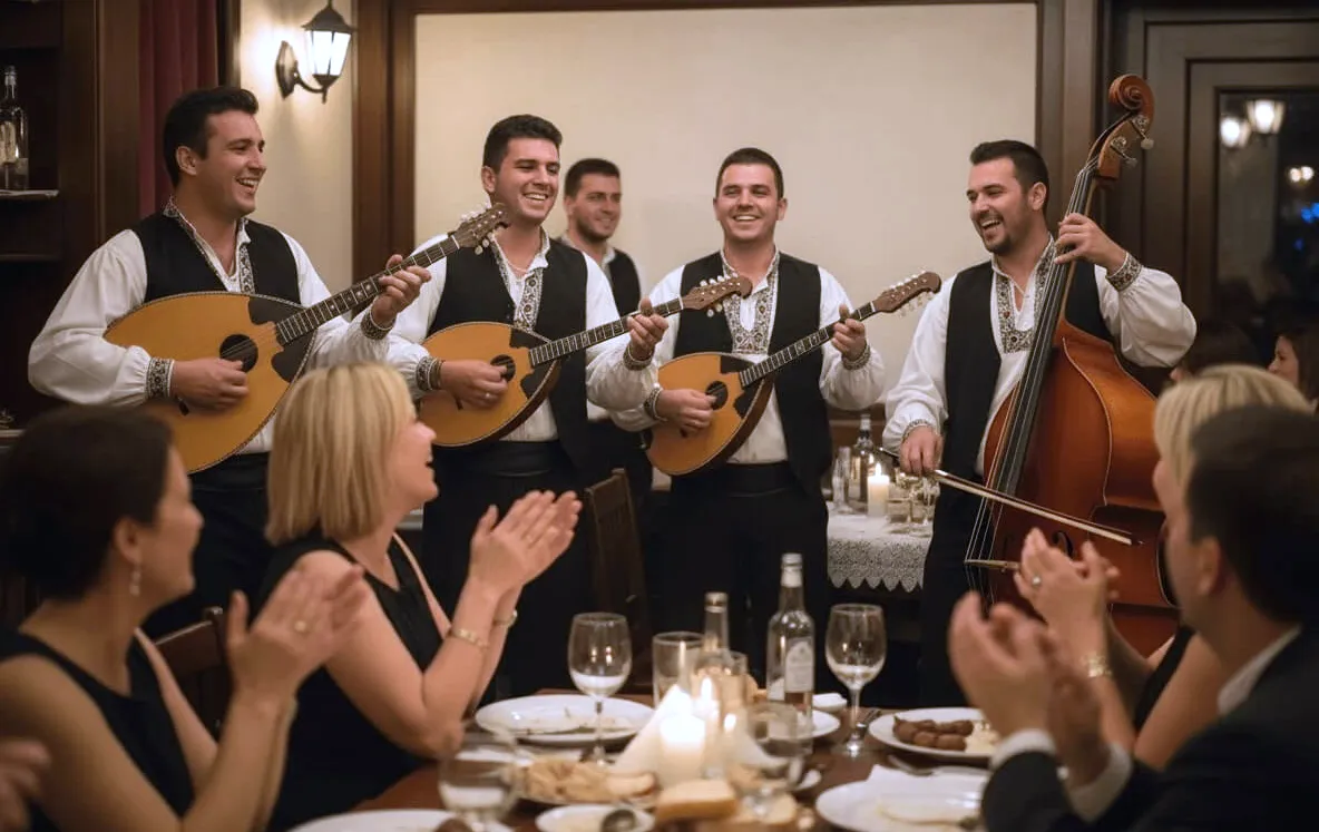 Tamburaši za proslave u Beogradu sviraju uživo u restoranu dok gosti aplaudiraju za svečanim stolom