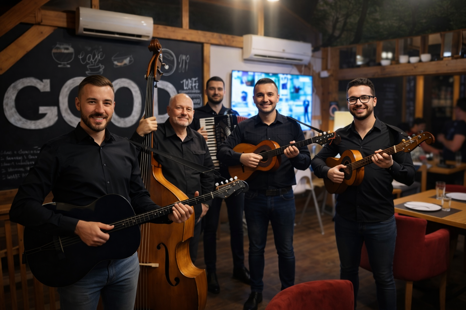 Tamburaši za proslave u Beogradu sviraju uživo u restoranu dok gosti aplaudiraju za svečanim stolom